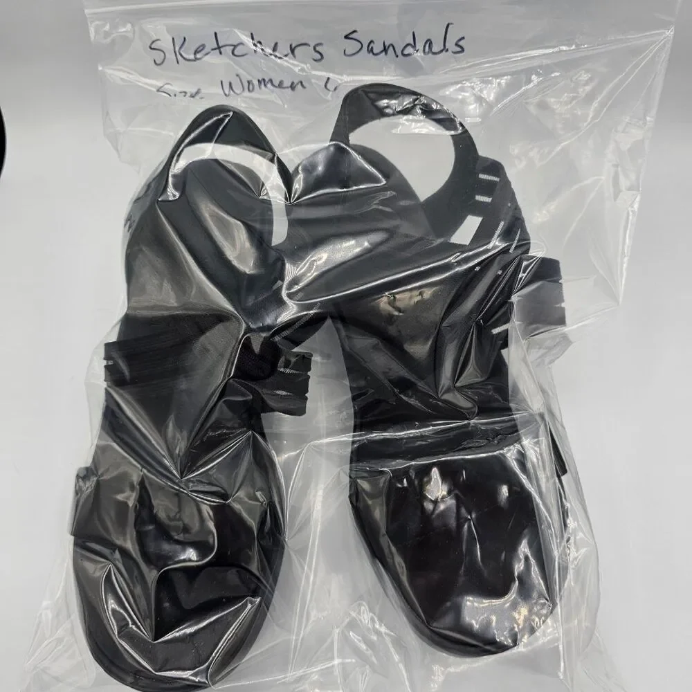 Cali Skechers Luxe Foam Womens Black Strappy Wedge Sandals Slingback whimsigoth